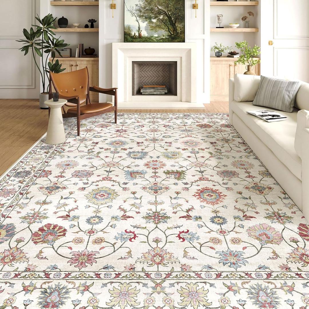 LUXRUG Area Rugs 9x12 Living Room - Large Washable Cream Boho Rugs for Bedroom Soft Vintage Rug Ultra-Thin Colorful Traditional Floral Carpet Farmhouse Rug for Dining Room Guest Room Home Decor