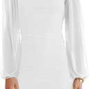 Wenrine Women's Mesh Long Sleeve Square Neck Ruched Party Club Cocktail Bodycon Mini Dress (White), Small