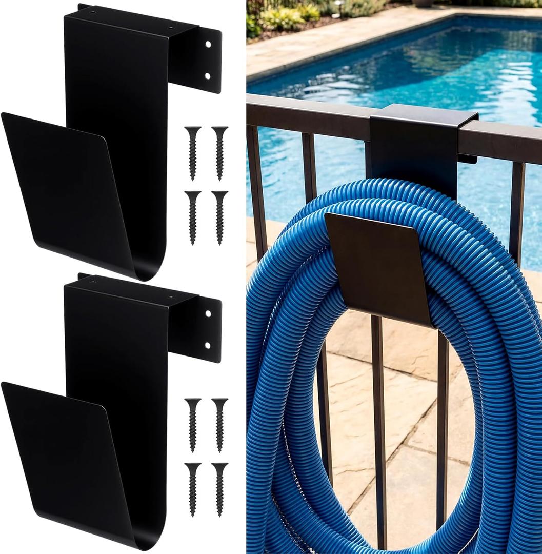 2 Pcs Jumbo Pool Vacuum Hose Hanger 7.7x5x5.5inch Heavy Duty Metal Hose Fence Holder Black Garden Hook for Outside Swimming Pool Skimmer Garden Tools Storage Organizer Accessories