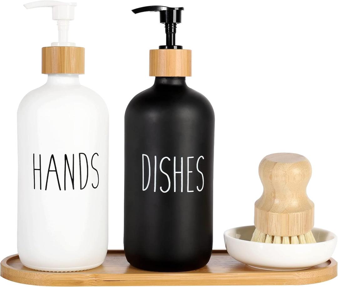 2 Pack Glass Soap Dispenser Set with Tray and Bamboo Dish Brush, Hand and Dish Soap Dispenser 16oz Kitchen Soap Dispenser Set Farmhouse Decor Soap Pump Bottle (Black & White)