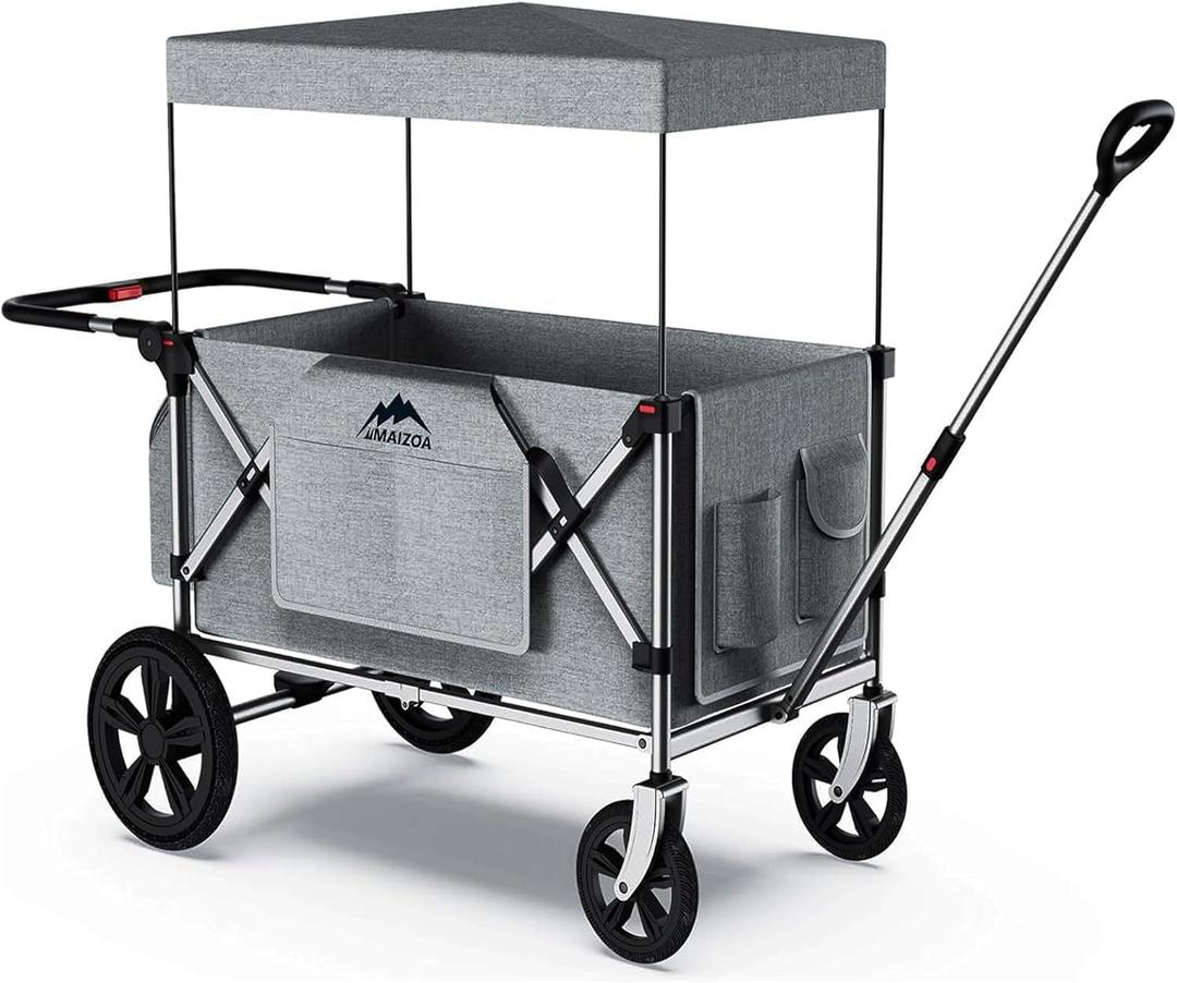 Foldable Wagon Stroller, Stroller Wagon for 2 Kids with 5-Point Harnesses, Adjustable Push/Pull Handle, Removable Sun Canopy, Suitable for Family Travel, Two Children Ride, Large Storage, Gift (Silver)