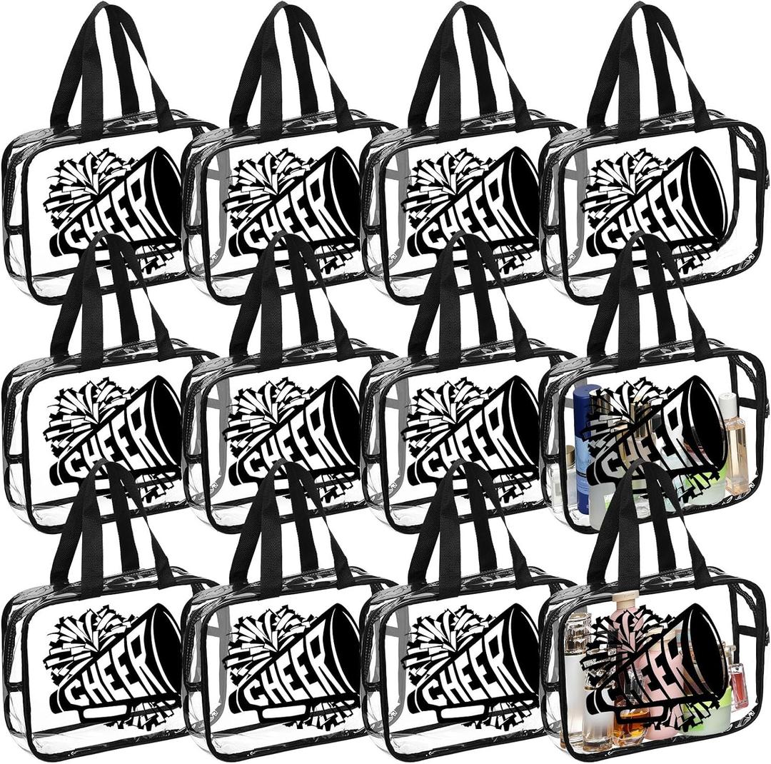 Kacctyen 12 Pcs Cheer Large Clear Toiletry Cosmetic Makeup Bag with Zipper and Handle Cheer Snack Bag Bulk for Team 12 x 9 x 4 Gift Bags Tote Pouch Cheerleading Teammates Party Supplies (Black)