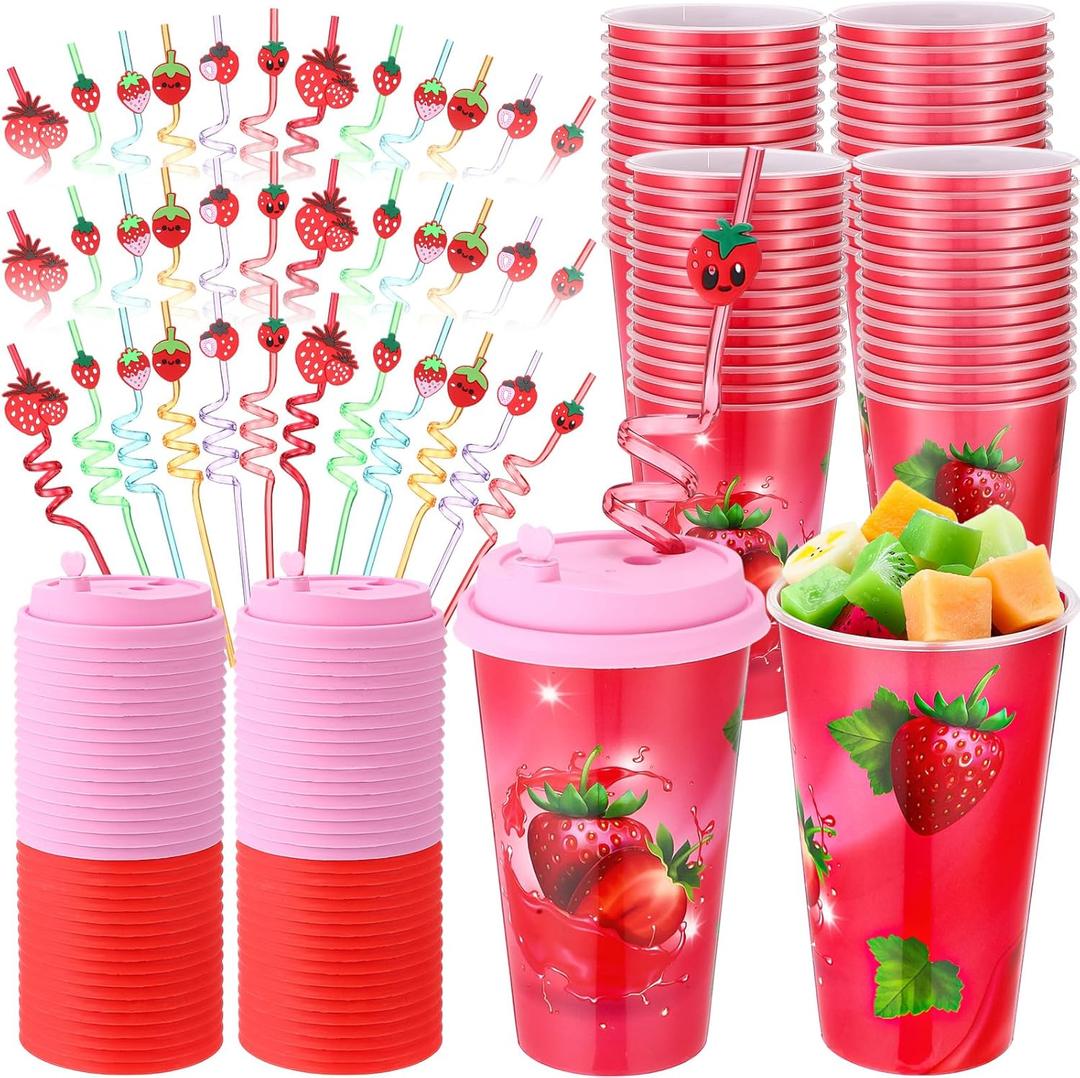Maxcheck 36 Sets Strawberry Party Favors Goodie Cups with Lids and Straws for Birthday Decorations 36pcs 16oz Plastic Cups Reusable Plastic Straws for Birthday Party (Strawberry)