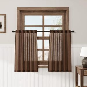 Caramel Brown Kitchen Short Linen Curtains 36 Inch Length 2 Panels Semi Sheer Linen Light Filtering Valances Back Tab Rod Pocket Design for Small Windows Drape Cafe Bathroom Laundry Room RV 30Wx36L