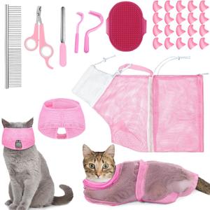 9 Pcs Cat Bathing Bag Set Cat Shower Bag Anti Bite and Scratch for Pet Grooming Washing Brush Comb Muzzle Nail Clipper Nail File Tick Tool (Pink)