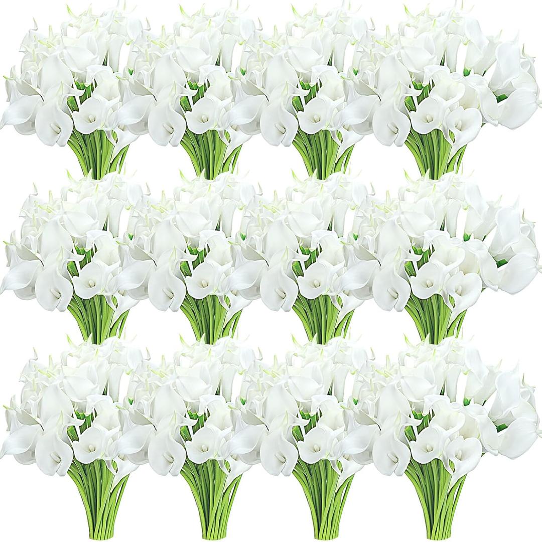 Crowye 100 Pcs Calla Lily Artificial Flowers Bulk 14 Inch Real to Touch Calla Lily Bridal Wedding Bouquet Faux Artificial Flower for DIY Wedding Bridal Centerpiece Party Decor (White)
