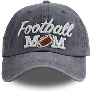 Distressed Football Mom Baseball Cap for Women, Adjustable Washed Embroidered Sun Hat for Mama (Gray)