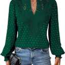 Falechay Womens Tops Swiss Dot Boho Long Sleeve Shirts V Neck Casual Chiffon Blouses Flowy Lace Hem Cute Clothing Trendy 2026 (XX-Large, Dark Green)