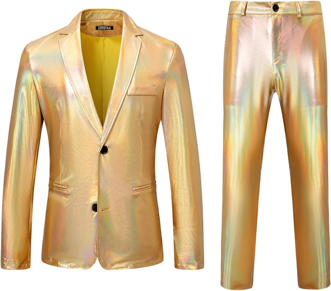 ZEROYAA Men's Metallic Shiny Suits Disco Sequin Blazer and Pants 2 Piece Sets for Party Prom (X-Large)