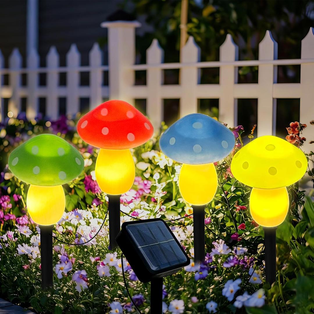 4Pcs Mushroom Solar Lights Outdoor, Waterproof Fairy Houses Light Mushroom Garden Decor Decorative Solar Powered Garden Stake Lights for Outside Lawn Walkway Patio Yard (Red/Yellow/Green/Blue)