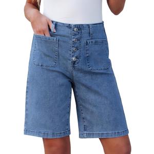 luvamia Bermuda Shorts for Women Jean High Waisted Trendy Patch Pockets Casual Summer Button Fly Stretchy Denim Shorts (Large, Medium Blue)