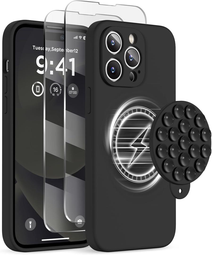 Magnetic for iPhone 14 Pro Case, Compatible with MagSafe, [Full Camera Protection][2 Screen Protectors], Magnet Suction Cup Phone Mount Shockproof Liquid Silicone Phone Case 6.1", Black