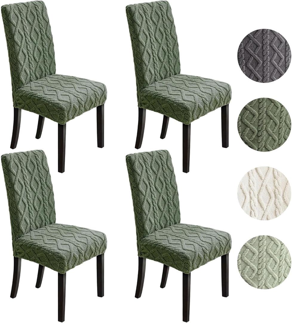 Moukeren 4 Pcs Decorative Stretch Jacquard Dining Chair Cover Dustproof Boho Faux Fur Chair Cover Removable Washable Slipcover Protector for Bedroom, Living Room, Kitchen, Hotel, Banquet (Dark Green)
