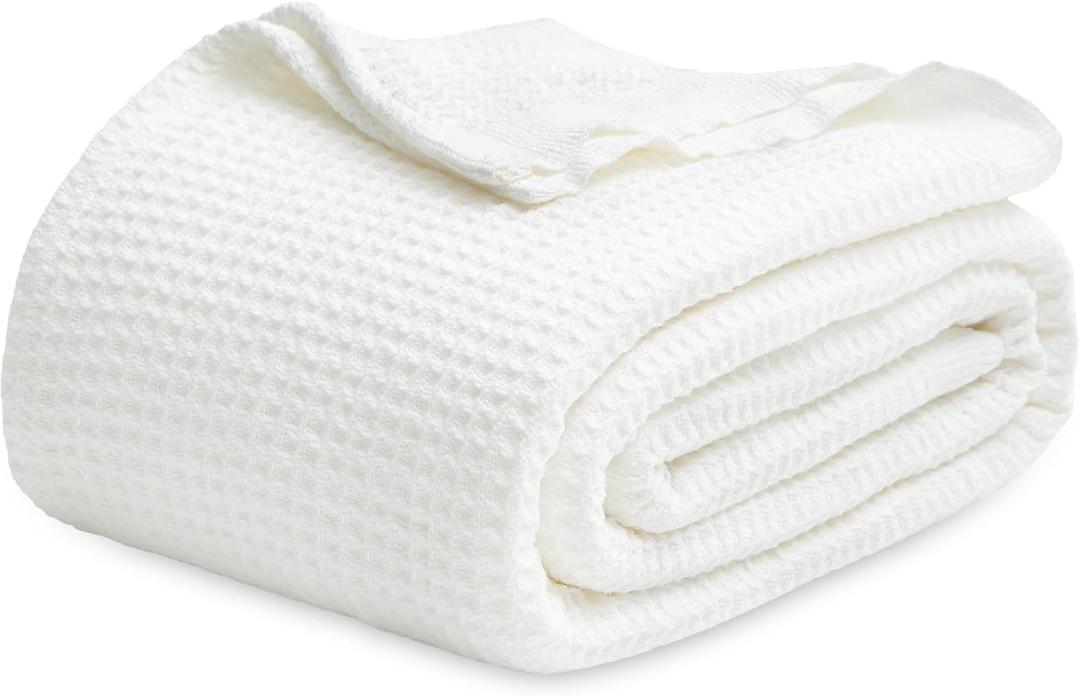 Bedsure Gentlesoft 100% Cotton Blanket King Size for Bed - Cooling Breathable and Soft for Summer, Thick Cozy Waffle Weave Blanket Gifts for Women, White, 104x90 inches