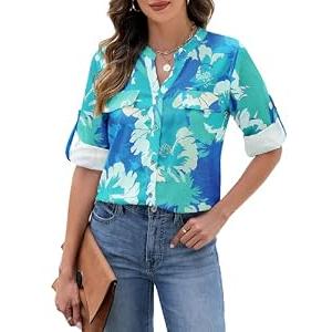 AGSEEM Women Button Down Shirts Long Sleeve Blouse 2025 Fashion Printed Tops Floral Shirts Loose Casual Green Top, XXL