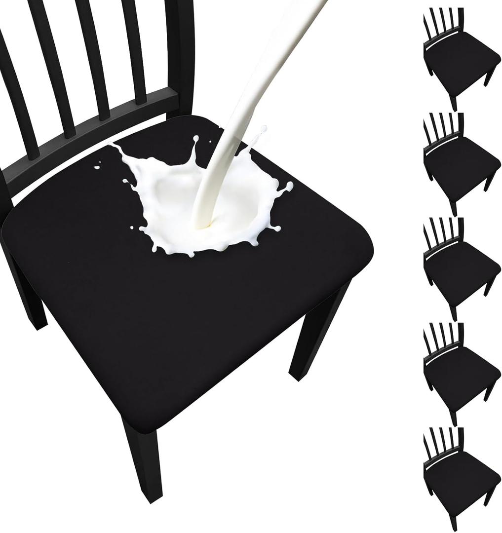 Waterproof Dining Chair Seat Covers Set of 6, Stretch Removable Dining Room Seat Covers for Dining Chairs, Kitchen, Hotel, Party (.Black)