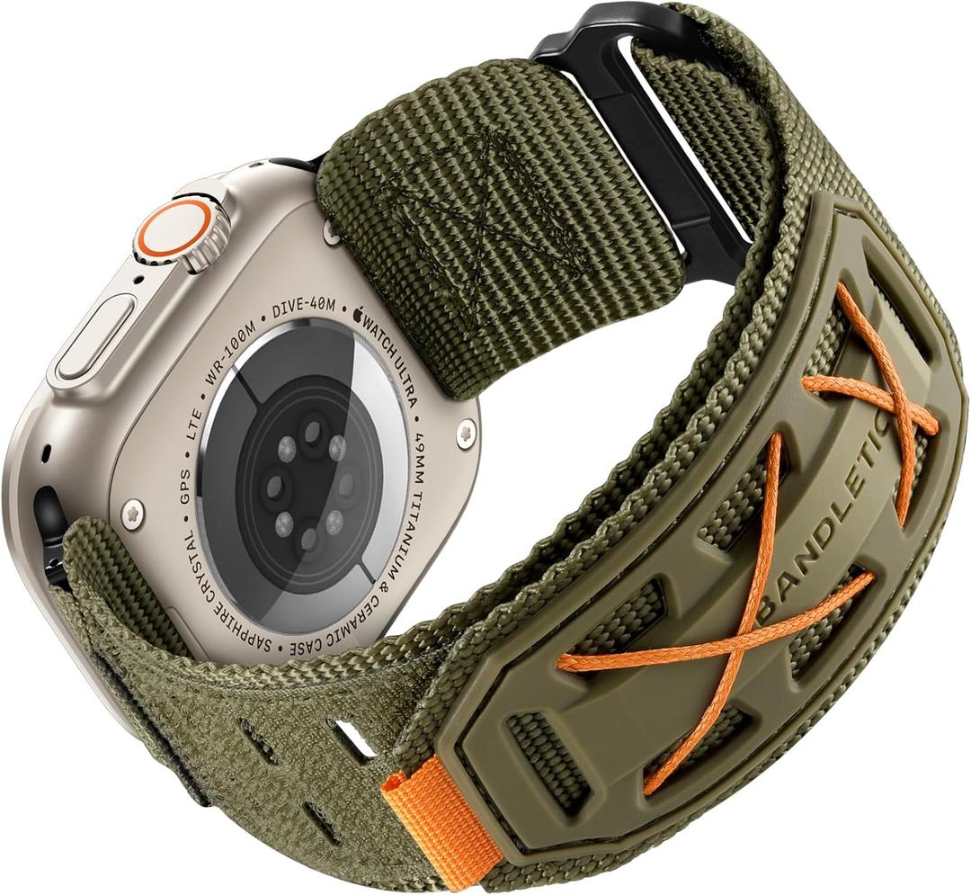 Bandletic Compatible with Apple Watch Ultra 2 Band for Men, Wide Tactical Military Nylon Rugged Sport Solo Loop for iWatch 49mm(Ultra 3/2/1),46mm(11/10),45mm(9/8/7),44mm(SE3/SE2/SE/6/5/4),42mm(3/2/1) (Army Green)