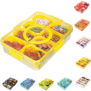 Patent Divided Serving Tray with Lid & Handle - Snackle Box Organizer for Charcuterie, Veggies, Fruits, Candy - Portable Food Storage for Travel, Beach, Picnics1 pcs, Yellow