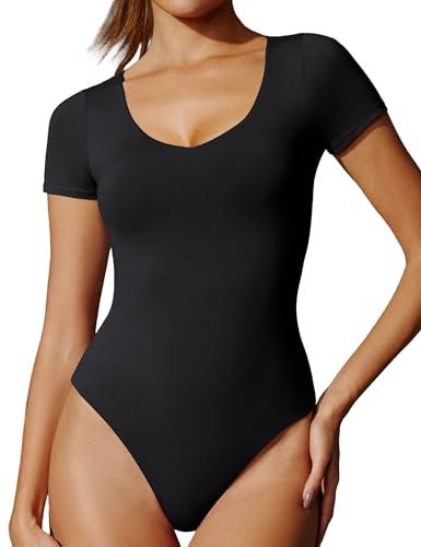 IUGA Bodysuits for Women Tummy Control Short Sleeve V Neck Body Suits for Womens Compression Slimming Thong Bodysuit, XL