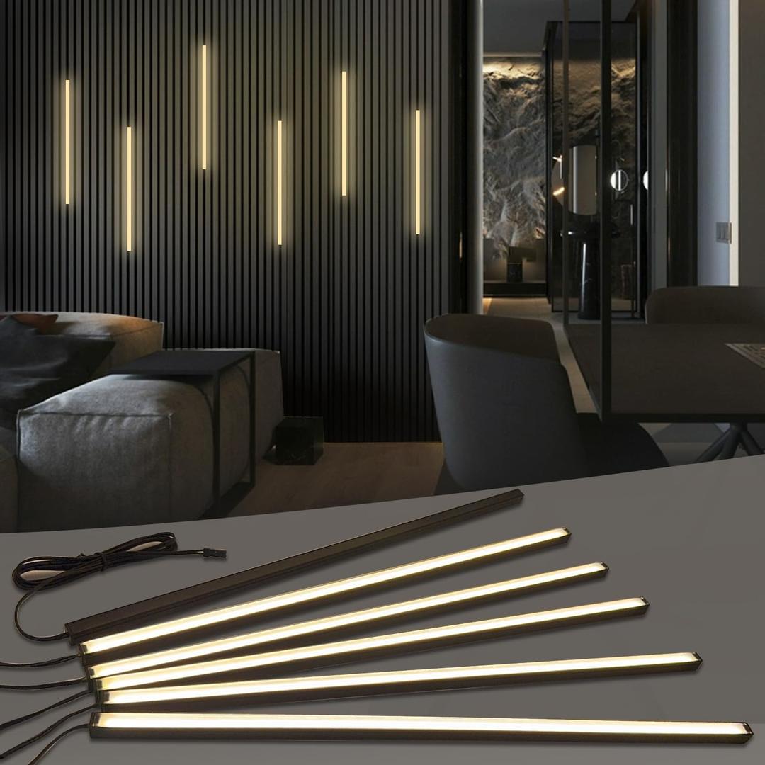 HAMRVL Black LED Recessed Lighting Kit - 6 PCS 16-Inch 3000k Dimmable Warm White LED Lights with Touch Switch, Wall Panel Light for Wood Slat Wall Panels, Headboards, Stairs, Under Cabinet, Home Decor