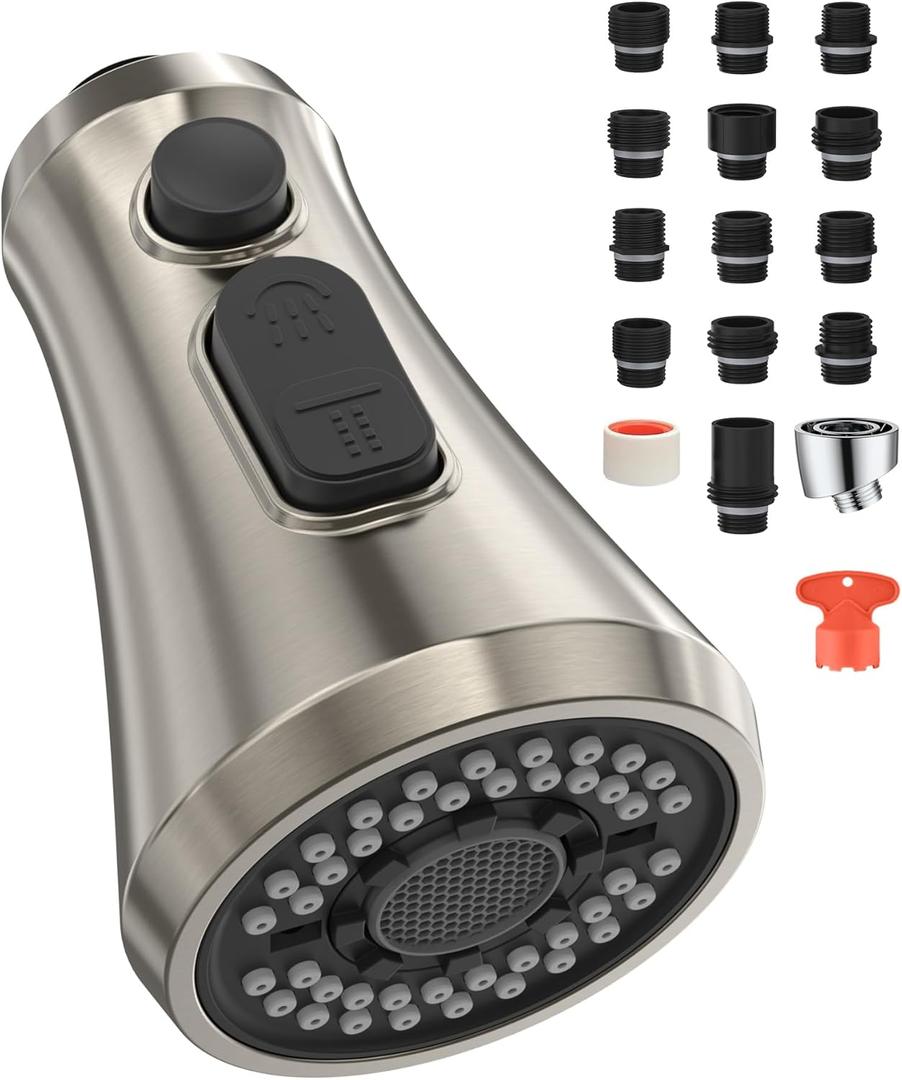 Mbillion Universal Brushed Nickel Kitchen Faucet Sprayer Head Replacement, 3 Function ABS Sink Faucet Head, Pull-Down Nozzle with 14 Adapters, Compatible with Moen,Delta,Kohler,WEWE American Standard