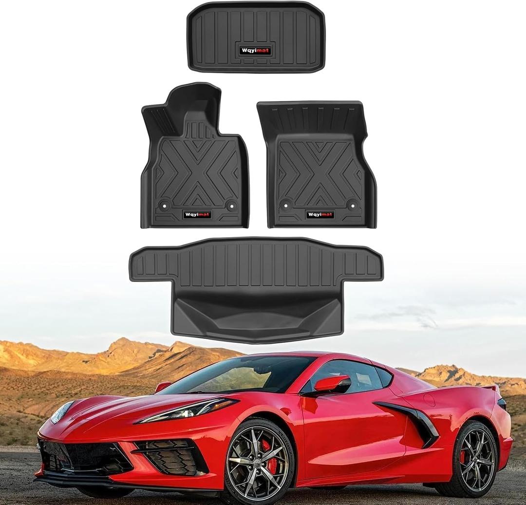 for 2020-2025 2026 Chevy Corvette C8 Accessories Floor Mats and Front Rear Cargo Mats Trunk Liner Full Set TPE All Weather Protection (Full Set)