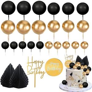 MEMOVAN 26pcs Man Cake Topper Black Boho Cake Topper Black Gold Balls Palm Leaves Black Gold Cake Decorations for Man Boy Bohemian Black Theme Wedding Baby Shower Birthday Party
