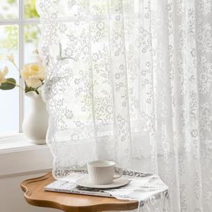 White Lace Curtains 63 Inches Long with Vintage Floral and Branch Pattern, Elegant Romantic Sheer Light Filtering Lacy Drapes for Living Room Bedroom, 52 x 63 Inch, Set of 2 Panels