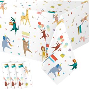 Maxdot 3 Pieces Animal Parade Party Tablecloths 108  54 Inch Safari Theme Table Cover, Plastic Disposable Table Cloth Zoo Party Supplies for Jungle Baby Shower, Animal Themed Birthday Decorations