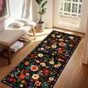 Floral Nursery 2x8 Area Rugs Washable Print Boho Cute Carpet Non Slip Flower Low Pile for Living Room Kids Girls Playroom Bedroom Kitchen Office Farmhouse-Black