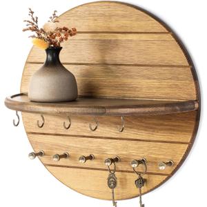 Rebee Vision Pine Wood Key Holder Wall Mount - Farmhouse Key and Mail Holder for Wall with Hooks and Decorative Wall Shelf - Perfect for Apartment Essentials in Your Home Decor (Yellow)