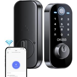 Keyles Entry Door Lock with Built-in Wi-Fi App Remote Control, OKIBB Fingerprint Door Lock with Doorbell, Smart Locks for Front Door, Auto Locking, Black