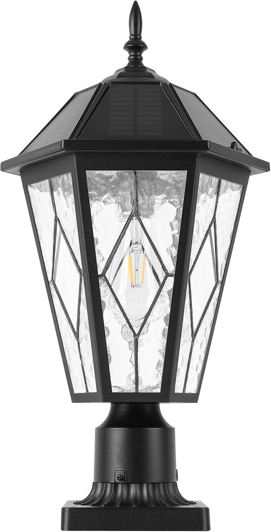 Solar Post Light Outdoor, Dusk to Dawn Vintage Post Lamp with Pier Mount Base, Wireless Black Waterproof Fence Pole Light with Art Glass for Garden Yard Patio Entryway, Head+Base