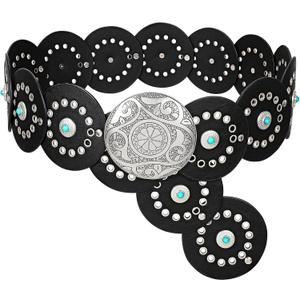 XZQTIVE Western PU Leather Belts for Woman Concho Cowgirl Cowboy Disc Belt for Ladies Wide Boho Country Waist Belts for Dress (Fit waist size up to 51''(no hang length), Black (silver Buckle))