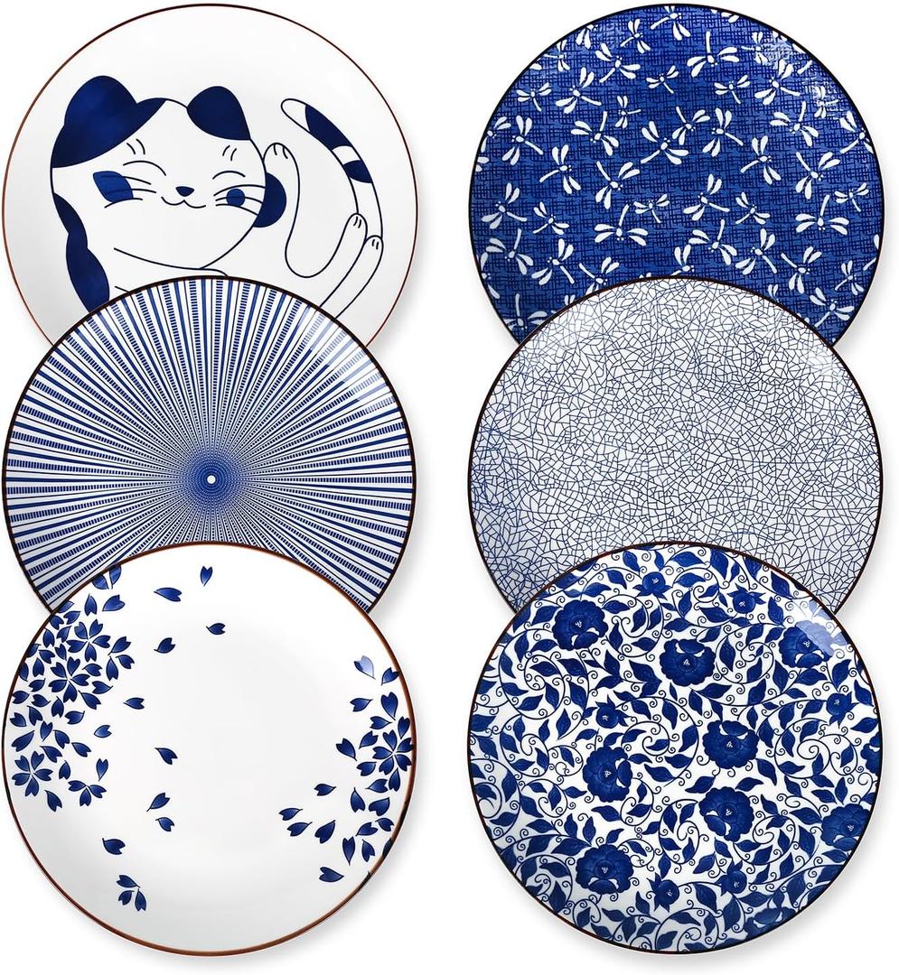 Selamica 10 Inch Kitchen Serving Plates, Large Dessert Plates Ceramic for Salad Pasta Steak, Microwave Dishwasher Safe, Set of 6, Blue