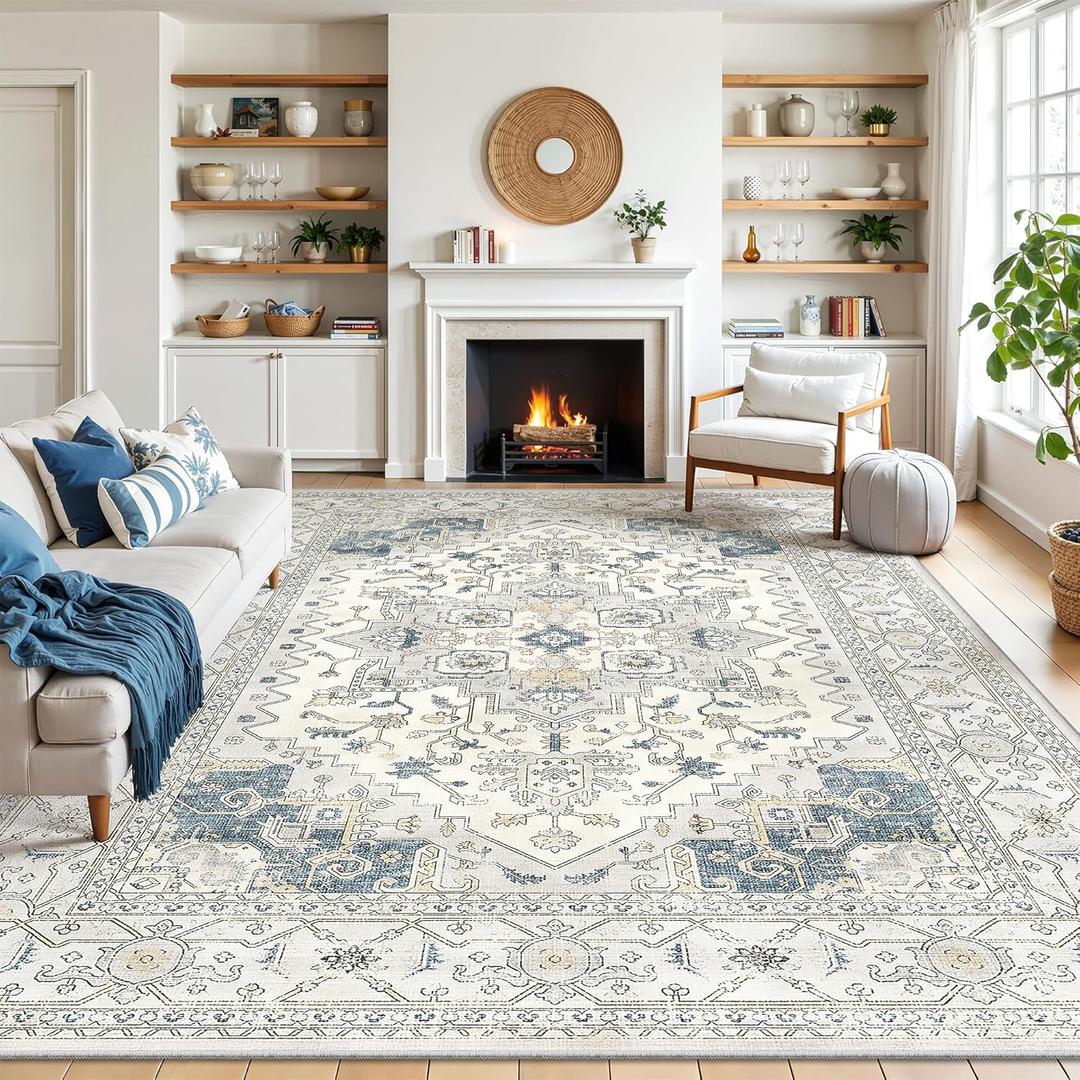 Washable 7x9 Area Rug for Living Room,Vintage Floral Large Rugs with Non Slip Backing Stain Resistant Carpet for Bedroom Home Decor,BeigeBlue
