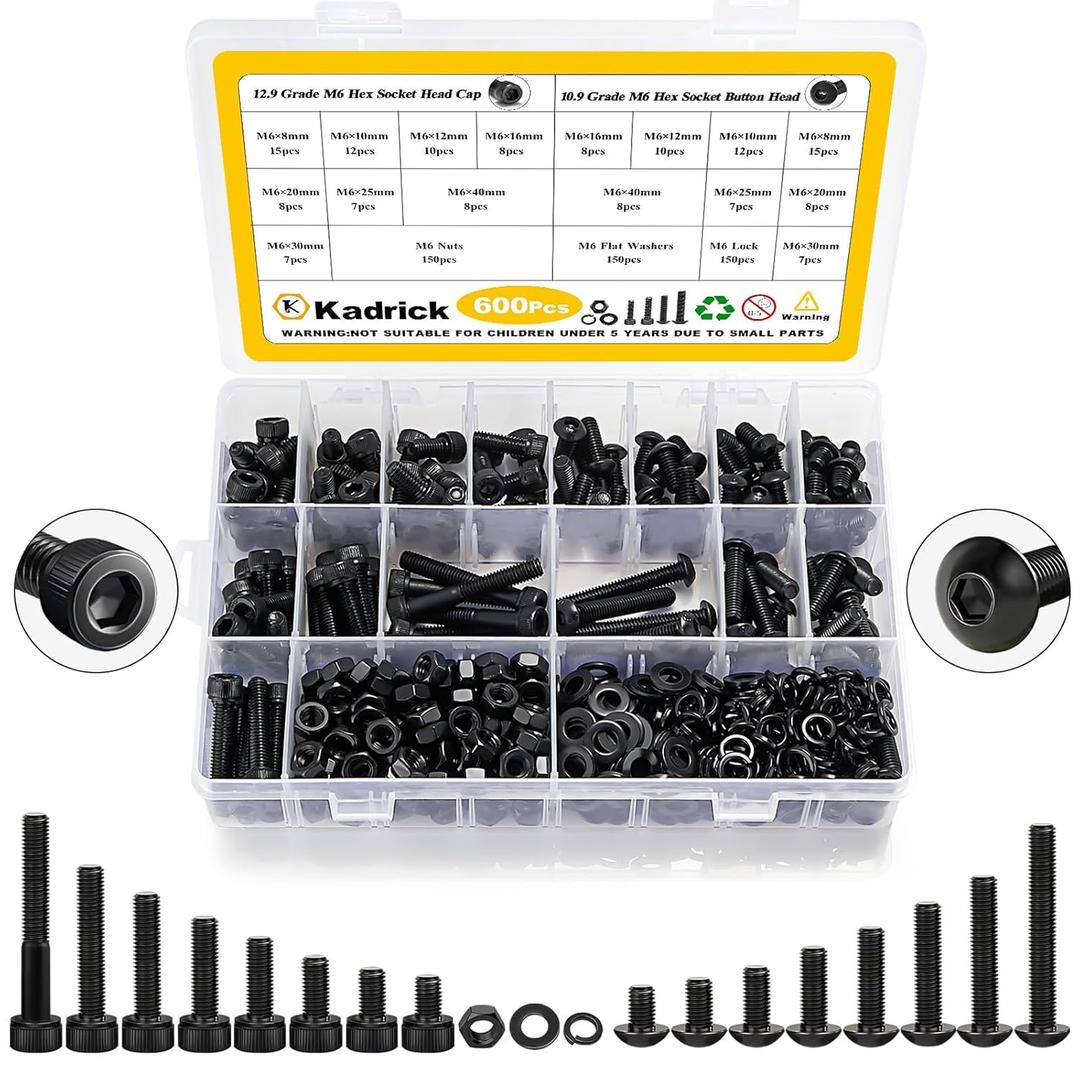 Kadrick Metric Screws Assortment,600 Pcs M6 Screws Nuts Washers Assortment M6x8MM-40MM, Hex Socket Button & Cap Head M6 Machine Bolts Kit, 12.9 & 10.9 Grade Alloy Steel Black