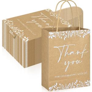 50 Pcs Wedding Kraft Paper Gift Bags Bulk for Return Thank You Appreciation After Party Supplies Goodie Bag Ceremony Reception Welcome Baby Shower Birthday Guests Double Sides Eucalyptus Leaf Theme, 1 Count