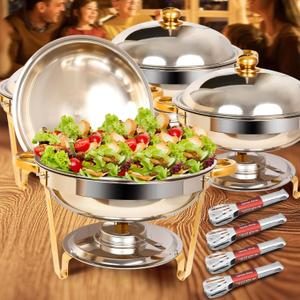 4 Pack 5QT Stainless Steel Chafing Dishes Set with Lids - Golden Style Heating & Cooling Buffet Serveware for Catering, Weddings, Parties