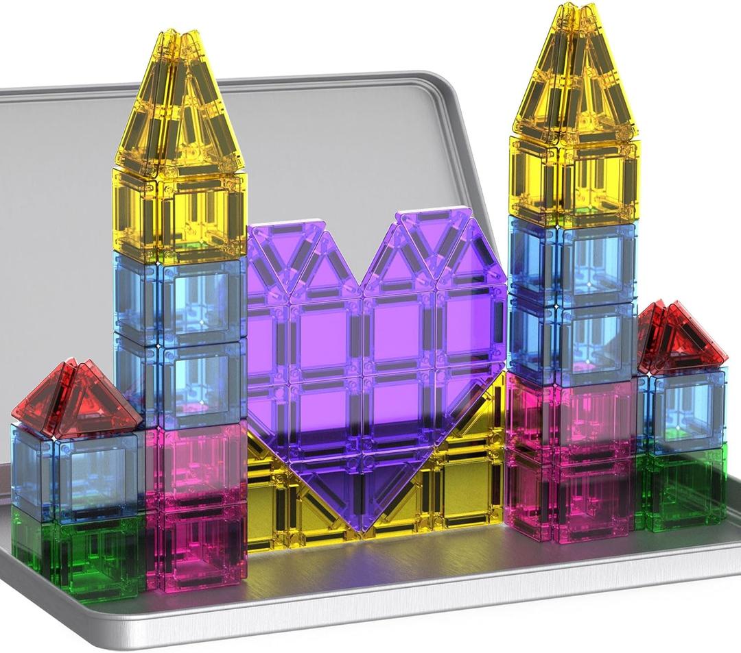 Mini Magnetic Tiles,78PCS Travel Magnetic Tiles Set with Iron Box,Portable Building Blocks for Kids Ages 3+,Car Airplane Travel Essentials Kids Toy,Creative STEM Toys Birthday Gift for Boys & Girls