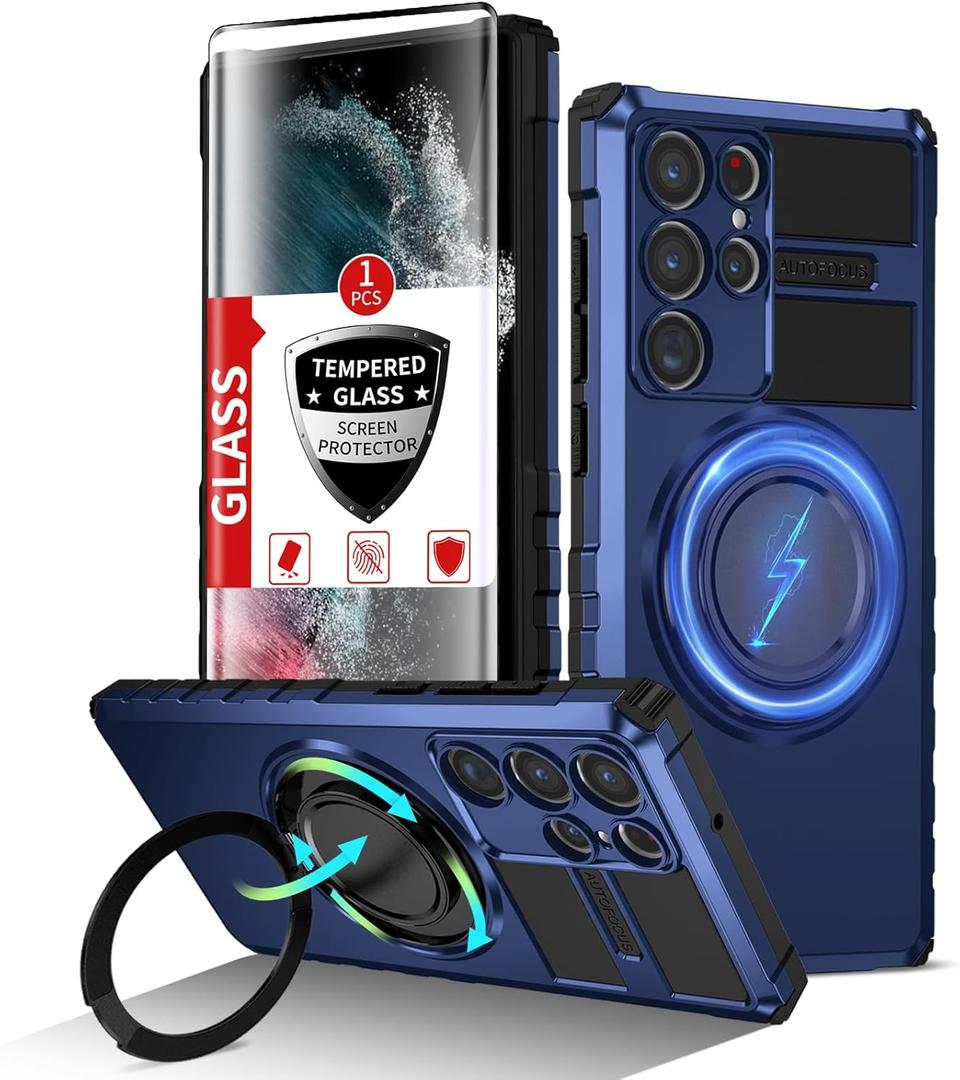 Samsung Galaxy S22 Ultra Case Magnetic Compatible with MagSafe Wireless Charging,with 1 Screen Protector,Built-in 360Kickstand Ring Military Grade Shockproof Heavy Duty Protection Blue