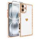 PERRKLD for iPhone 16 Case Cute Love Heart Plating for Women, with Screen Protector, Glitter Sparkle Rhinestone Diamond Border Design Slim Rectangle Wireless Protection Case Cover, White