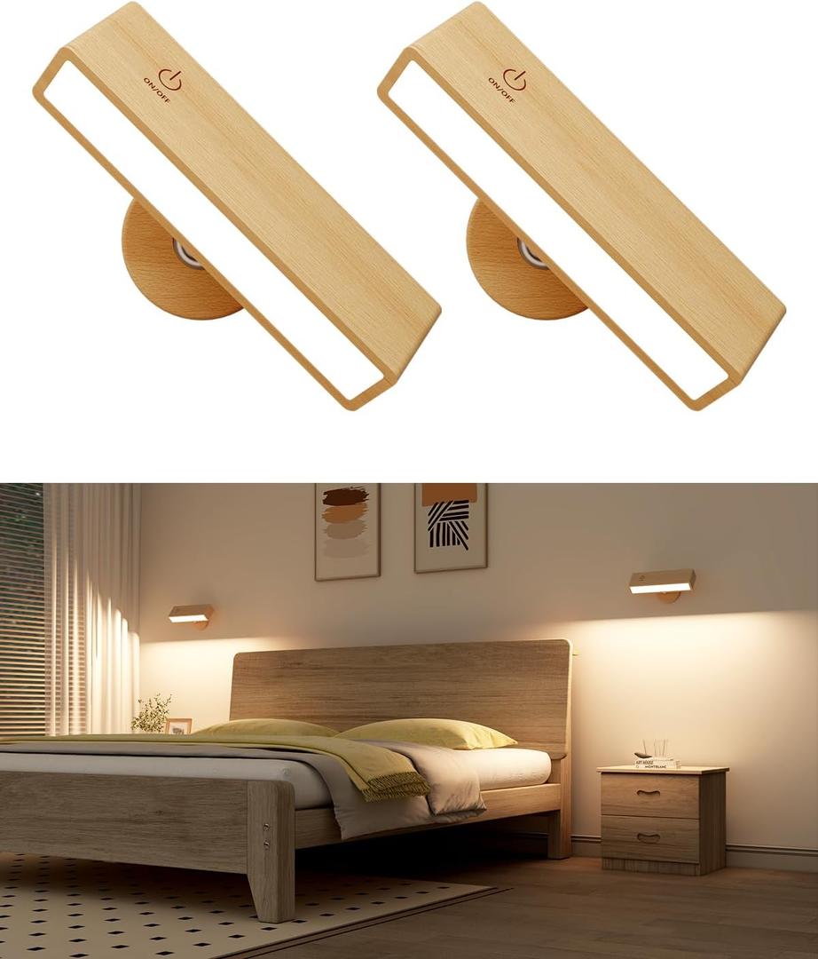 YiLaie Wall Sconces Battery Operated Set of Two,Rechargeable Wall Lamps for Bedroom,Wall Lights Wireless Dimmable,Wood Wall Sconce with 360 Rotation,Peel and Stick Wall Sconces for Bedroom Bedside (2 Pack-Touch Control)