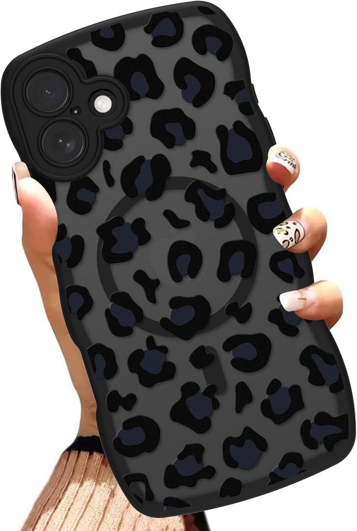 OOK Magnetic Case Fit for iPhone 16 Plus 6.7 Inch (Compatible with MagSafe) Curly Wave Frame Phone Cover with Black Leopard Print Anti-Scratch Shockproof Protection Case for Women Men - Black