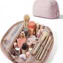 BAGSMART Travel Makeup Bag for Women, Portable Fold-down Cosmetic Case, Puffy Padded Make Up Organizer Pouch, Water-resistant Toiletry Bag for Toiletries, Brushes (Baby Pink)