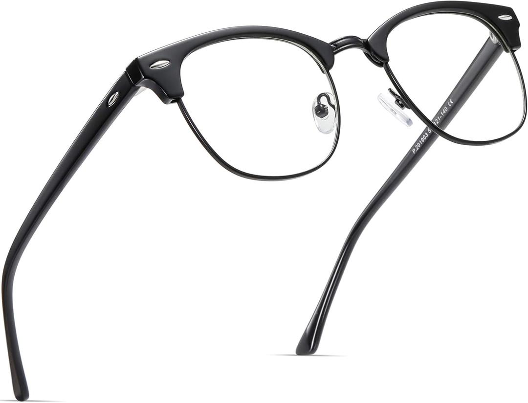 Blue Light Blocking Glasses Retro Semi Rimless UV400 Clear Lens Computer Eyewear For Men Women (A03-bright Black Frame)