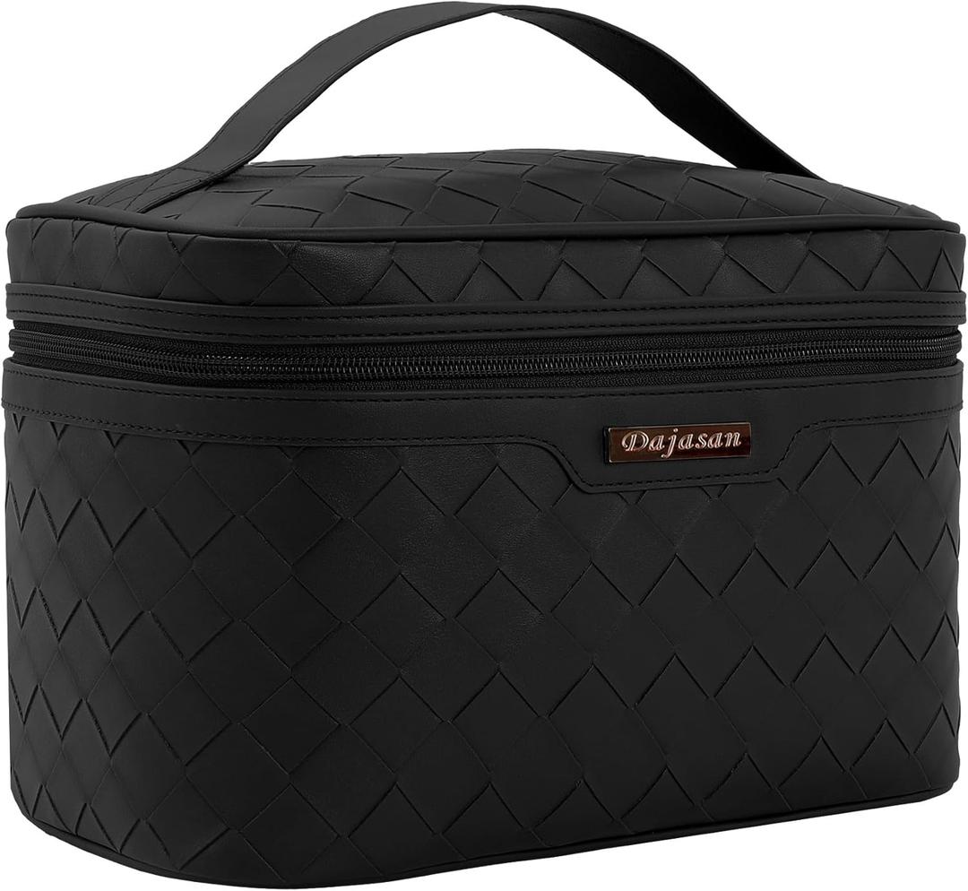 Dajasan Makeup Bag Cosmetic Bag, Travel Makeup Bag, Large Capacity Makeup Organizer Case, Portable Travel Toiletry Bag for Women Girls, PU Leather Waterproof (Black)