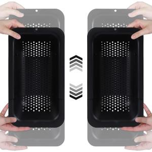 BLUE GINKGO Over the Sink Colander Strainer Basket - Wash Vegetables and Fruits, Drain Cooked Pasta and Dry Dishes - Extendable - New Home Kitchen Essentials (Black, 2 Pack)