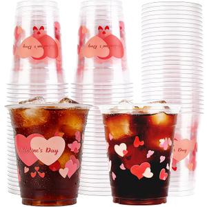 50 Pcs 12oz Valentine's Day Plastic Cups Clear Disposable Cups with Pink Hearts | Valentine Party Cups, Galentine's, Party Supplies, Bulk Drinkware