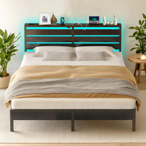 CLIBFENG Classic Metal Platform Bed Frame-Full Size Bed Frame with Headboard,Steel Slats Support-LED Bed Frame with USB Charging Station,Under Bed Storage, No Box Spring Needed, Noise Free